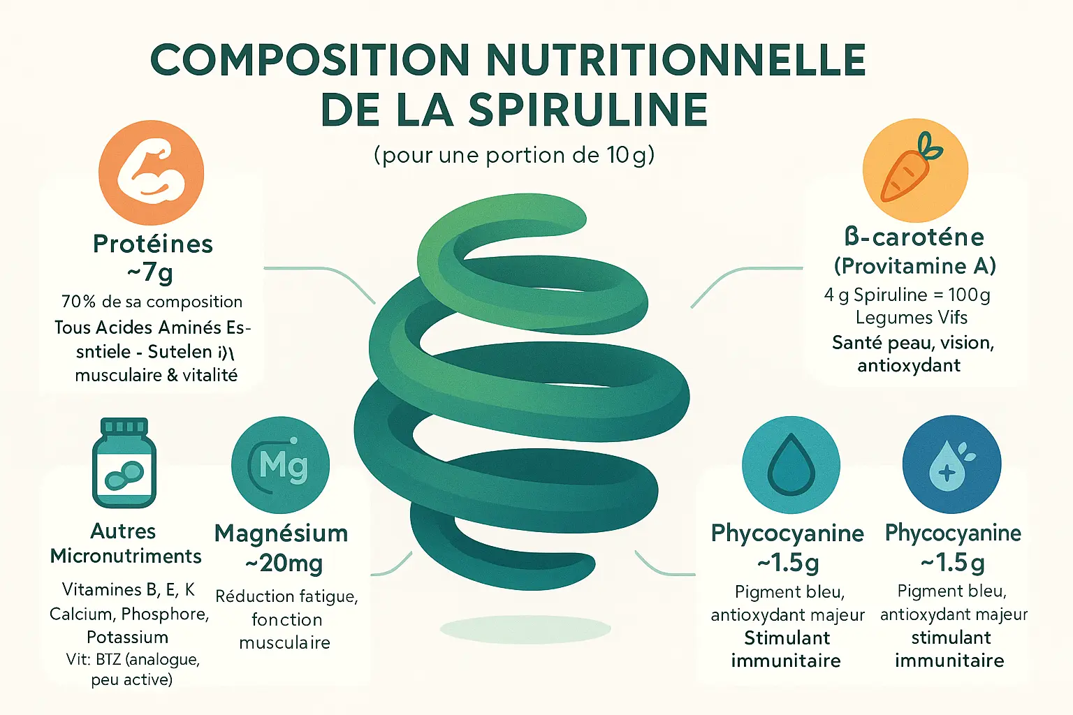 Composition nutritionnelle de la spiruline pour 10g