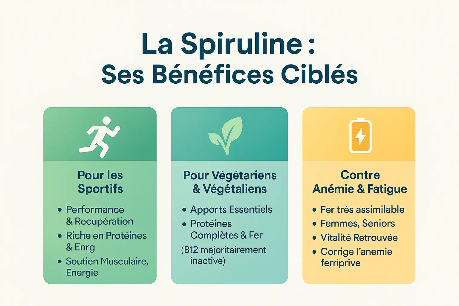 Illustration des bienfaits de la spiruline pour différents profils