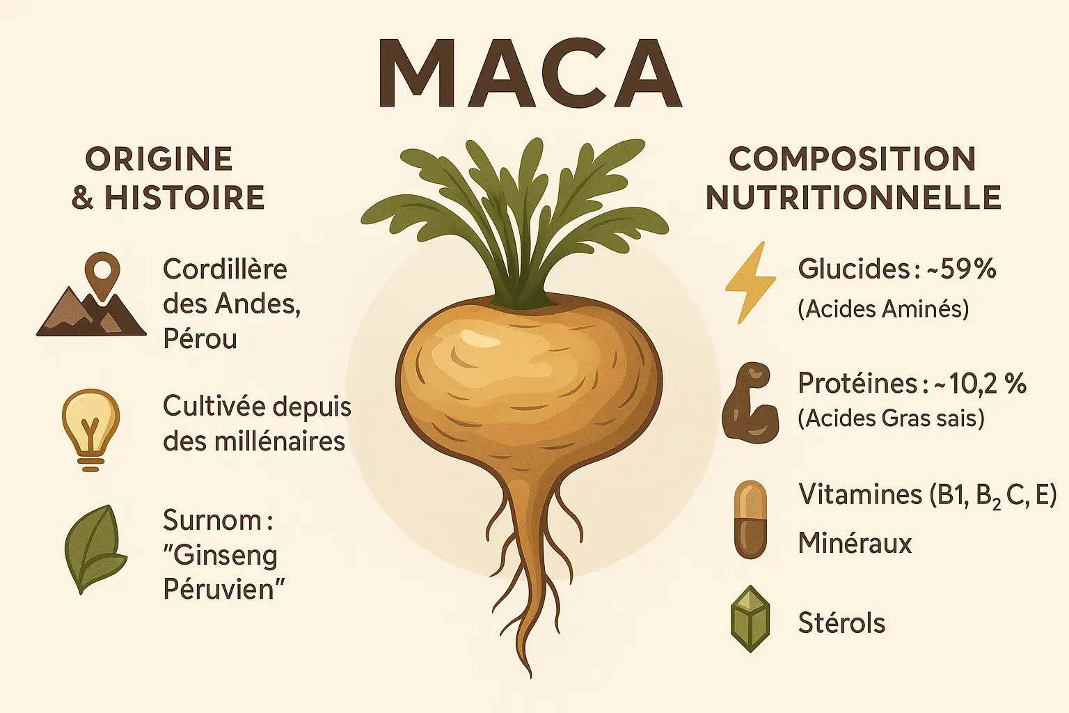 Infographie sur l'origine et la composition de la maca