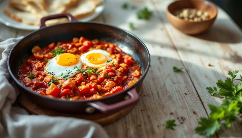 Shakshuka : œufs pochés aux tomates et poivrons