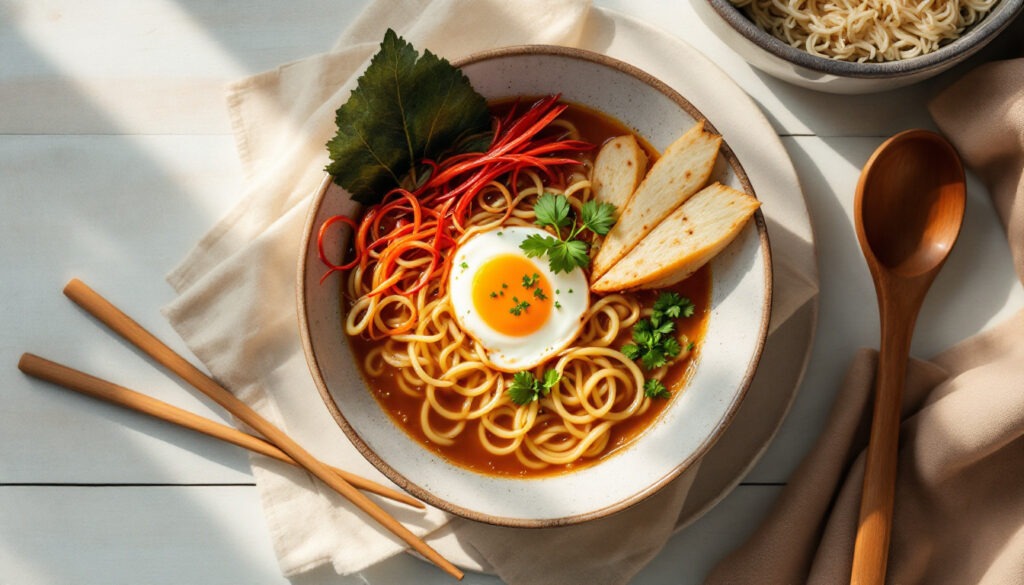 Soupe ramen aux légumes et œuf mollet