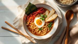 Soupe ramen aux légumes et œuf mollet