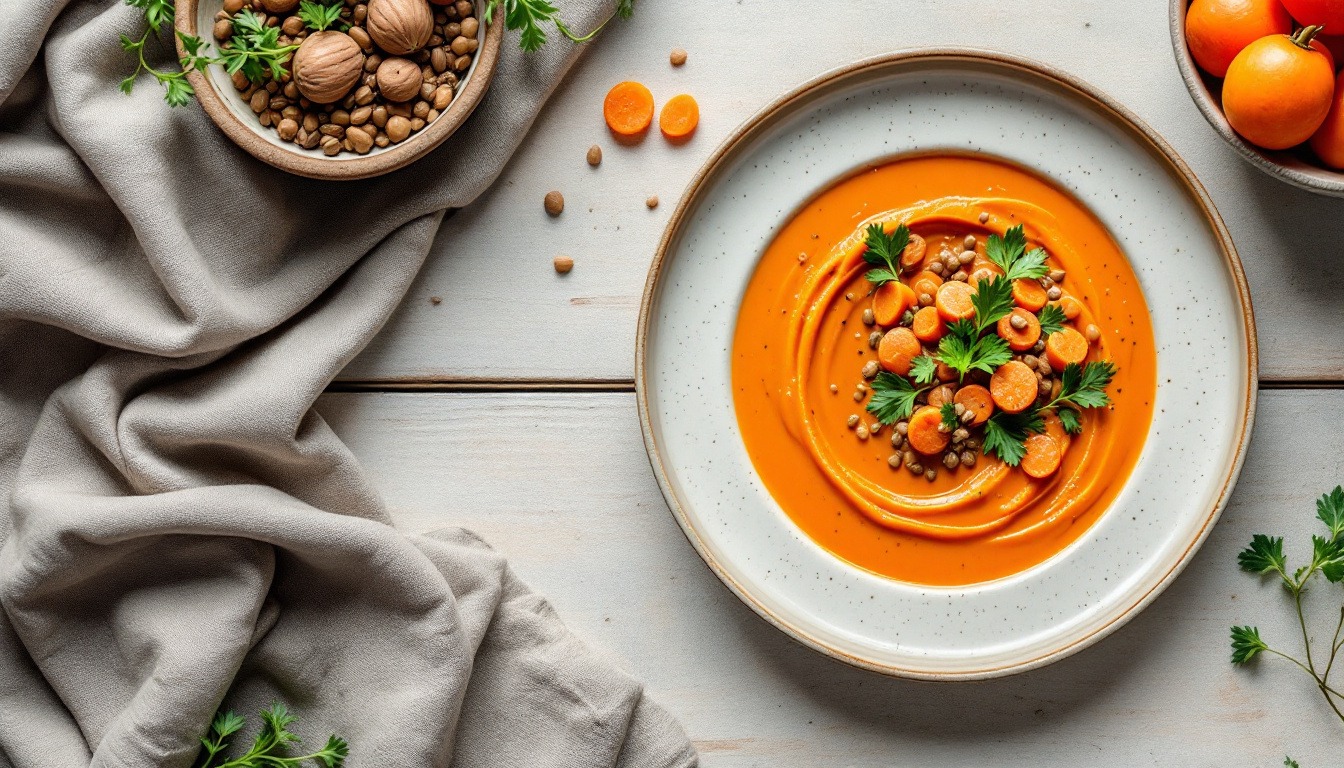 Velouté de carottes et lentilles corail
