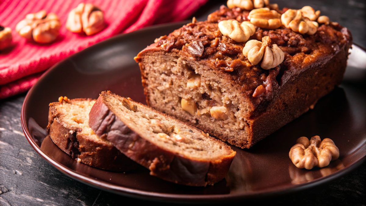 Sliced walnut banana bread on a brown plate