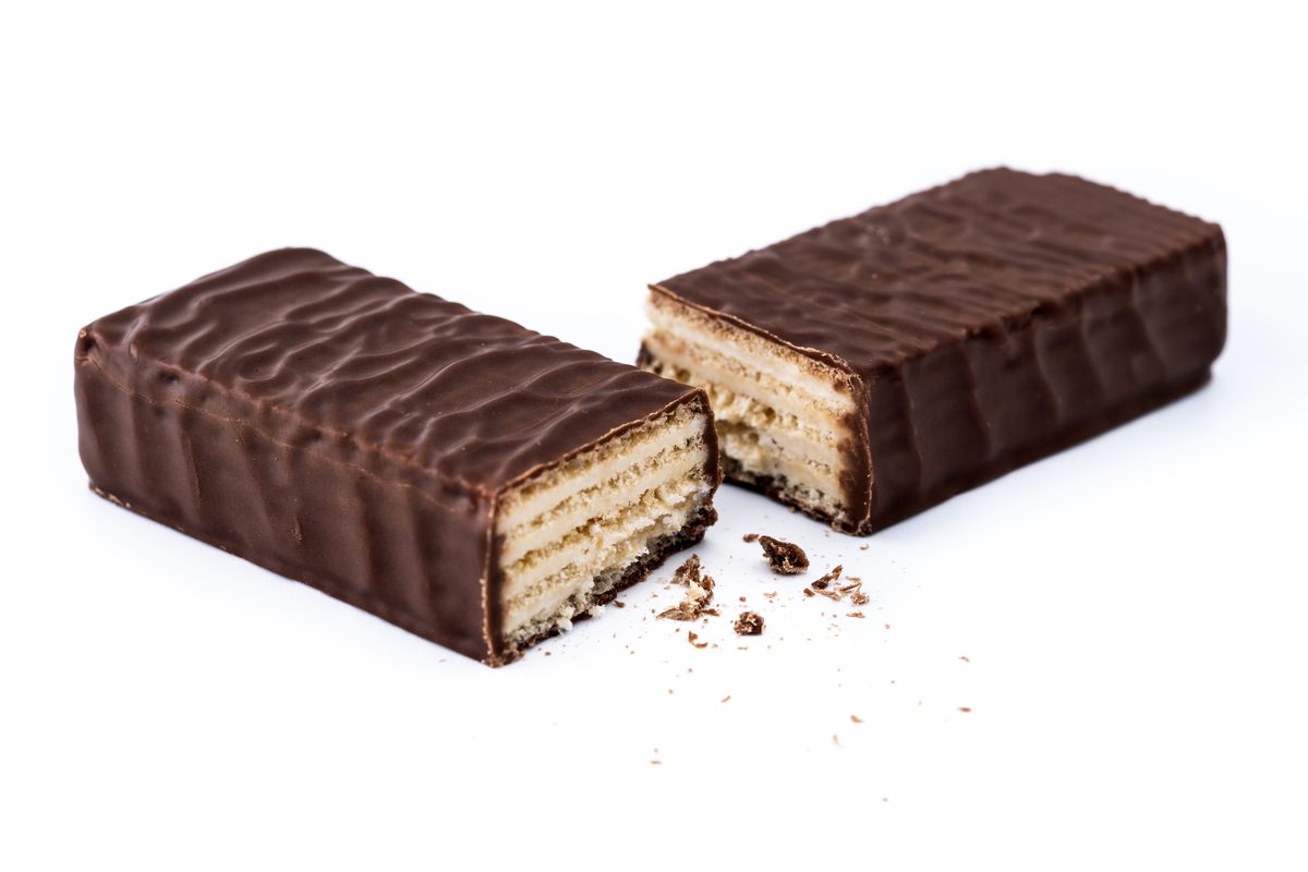 Chocolate wafer bar cut in two