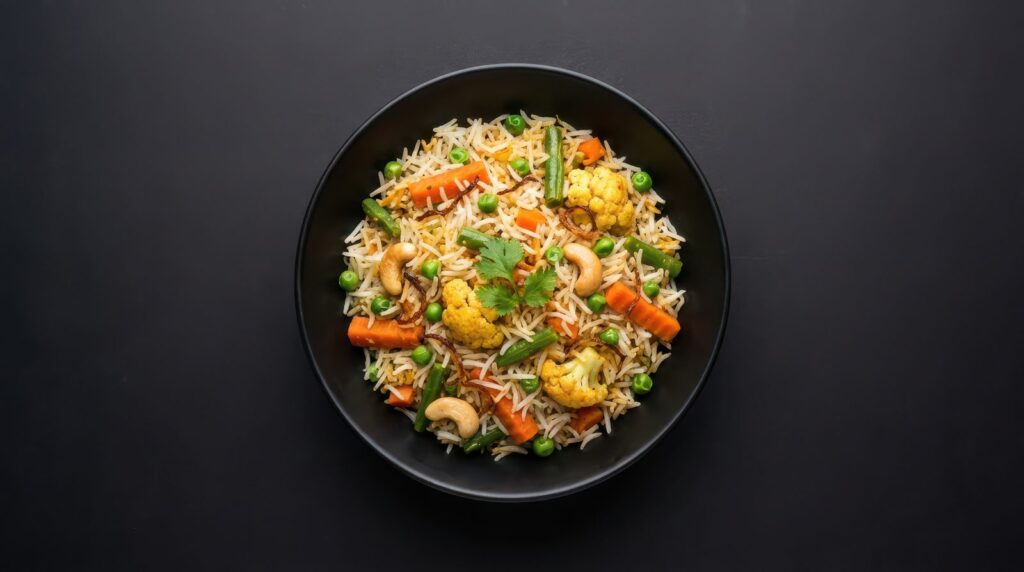 Vegetable biryani with cashew nuts in a black bowl