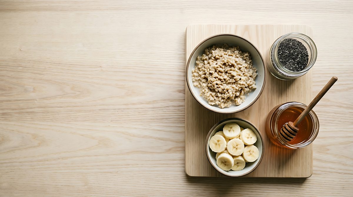 Bowl of oats with banana slices on a wooden board
