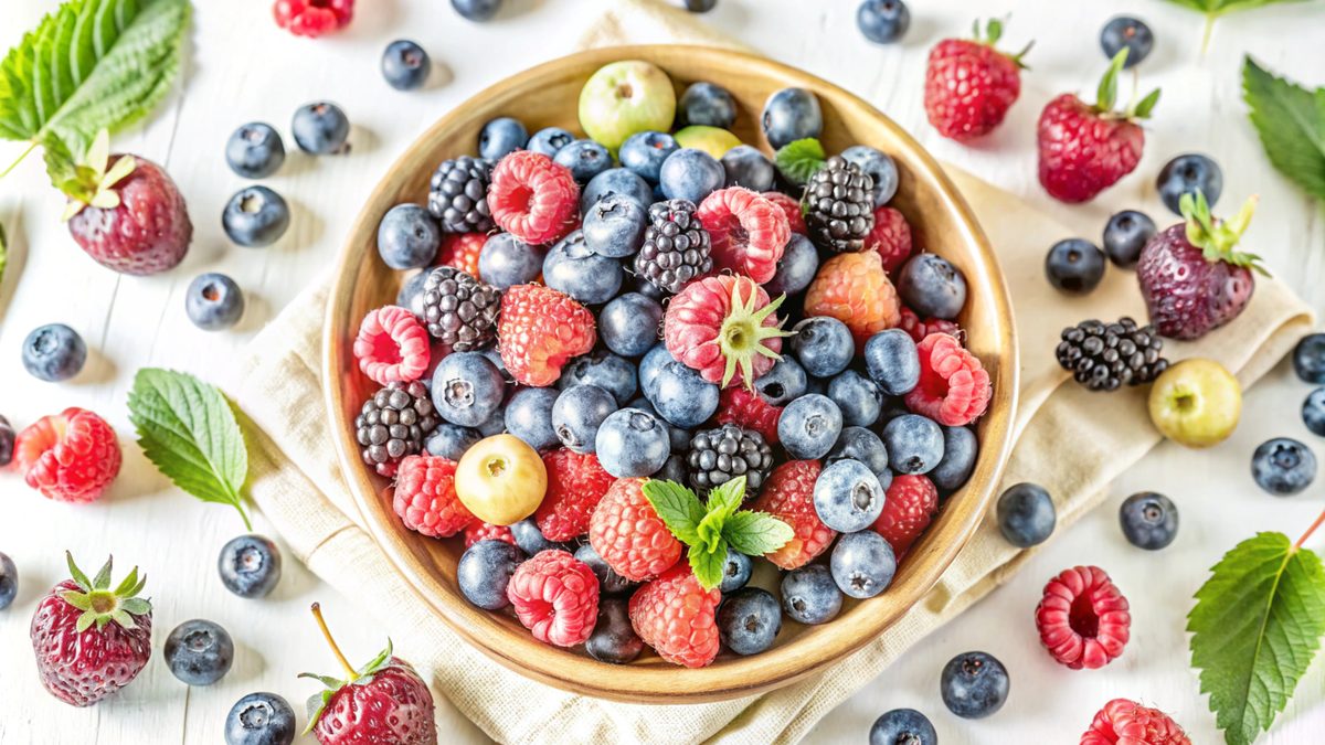 Bowl of mixed red fruits: blueberries, raspberries, blackberries and strawberries