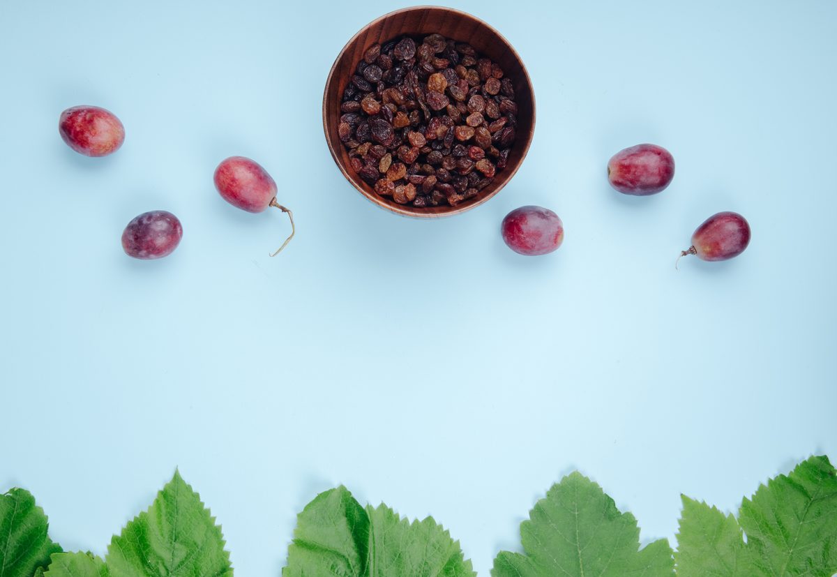 Bowl of raisins surrounded by fresh grapes on a light blue background