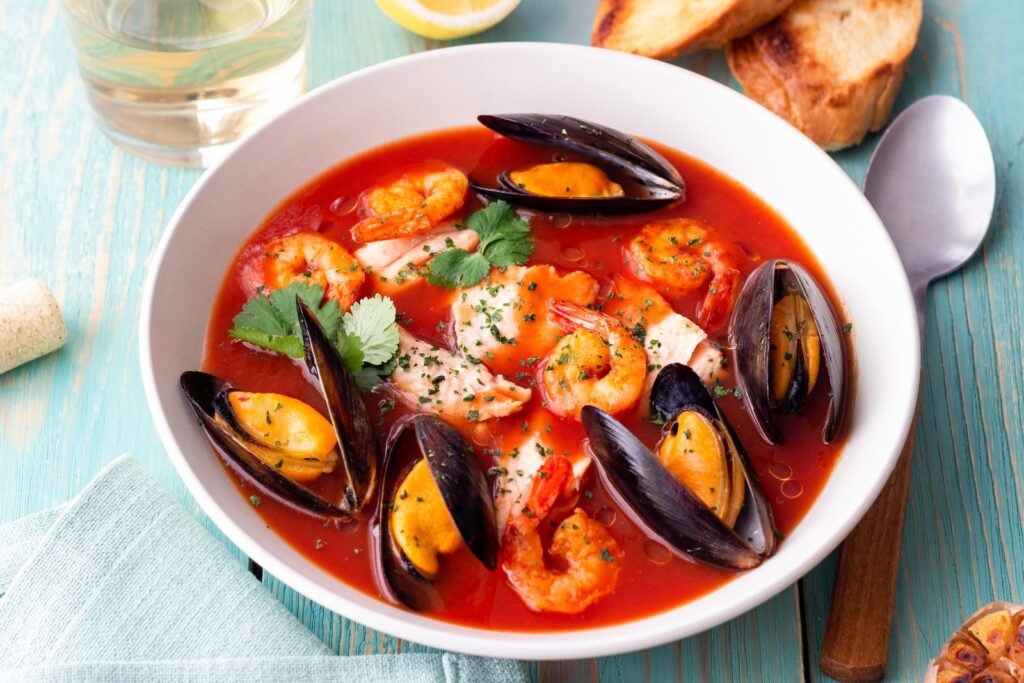 Bouillabaisse with fish, mussels and prawns