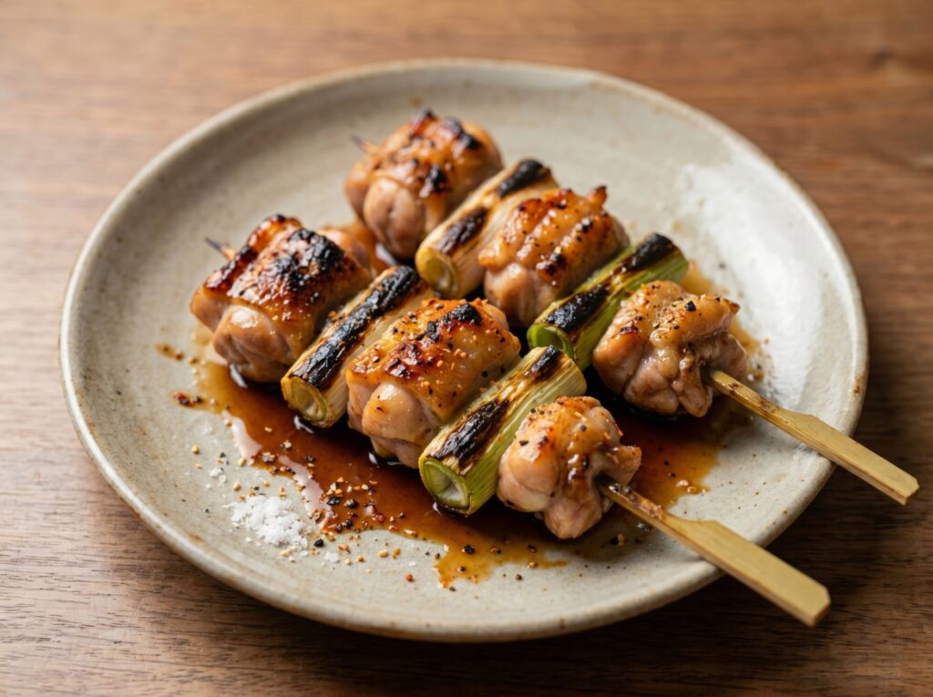 Grilled chicken and leek yakitori skewers on a ceramic plate
