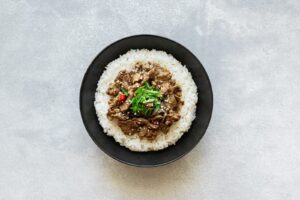 Korean bulgogi with marinated beef and white rice