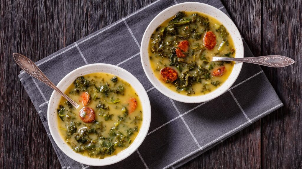 Portuguese caldo verde with kale, potatoes and chorizo