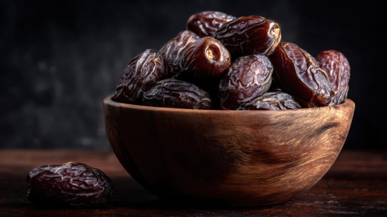 Medjool dates in a wooden bowl