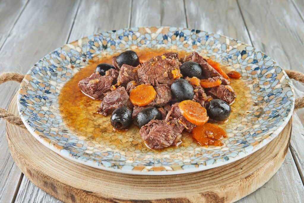 Provençal beef daube simmered and served on a plate