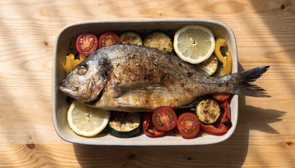 Oven-baked sea bream with Mediterranean vegetables