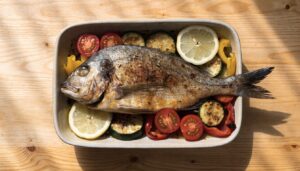 Oven-baked sea bream with Mediterranean vegetables