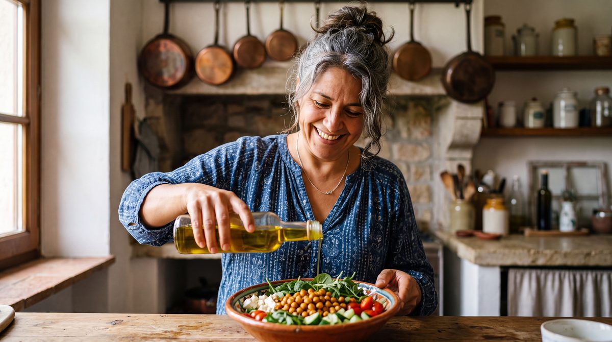 Femme aux cheveux gris versant de l'huile d'olive sur une salade de pois chiches