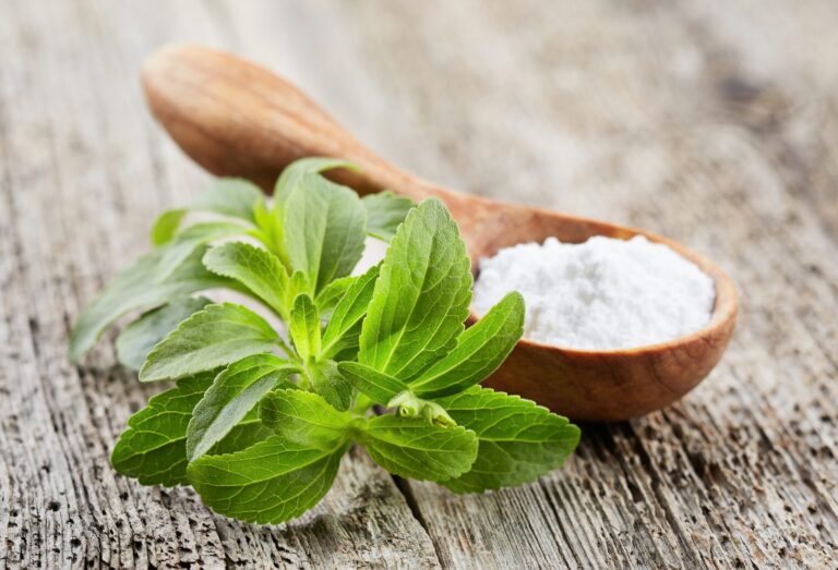 Stevia leaves and a spoonful of stevia powder