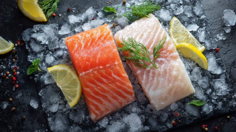 Salmon and white fish fillets on ice