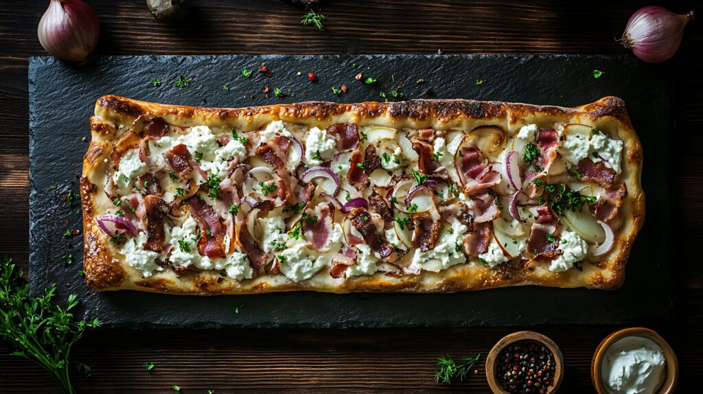 Flammekueche with bacon lardons and onions on a slate