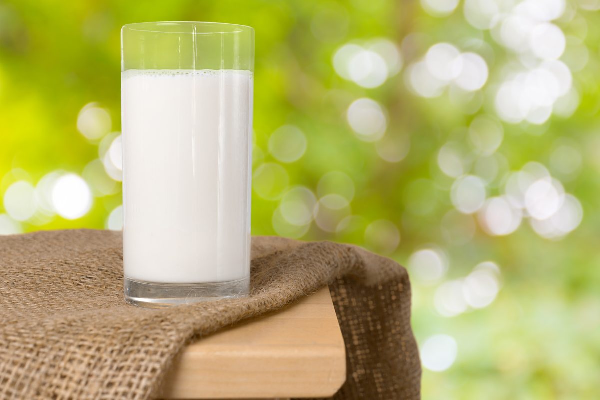 Large glass of milk placed on a burlap cloth outdoors
