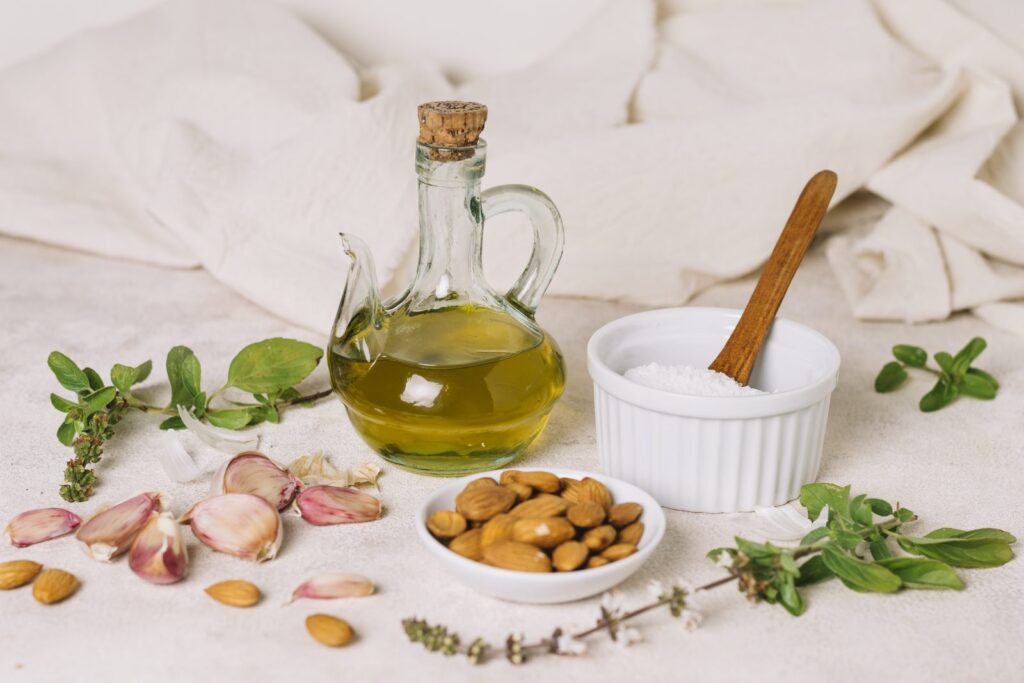 Olive oil, almonds and garlic