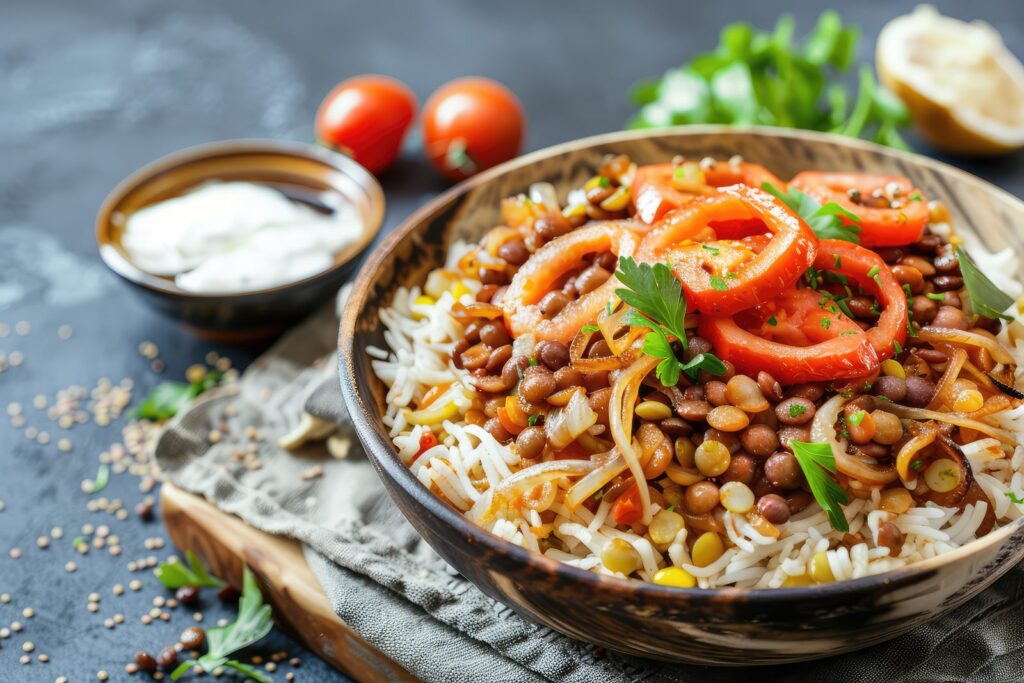 Egyptian koshari with rice, pasta, lentils and fried onions
