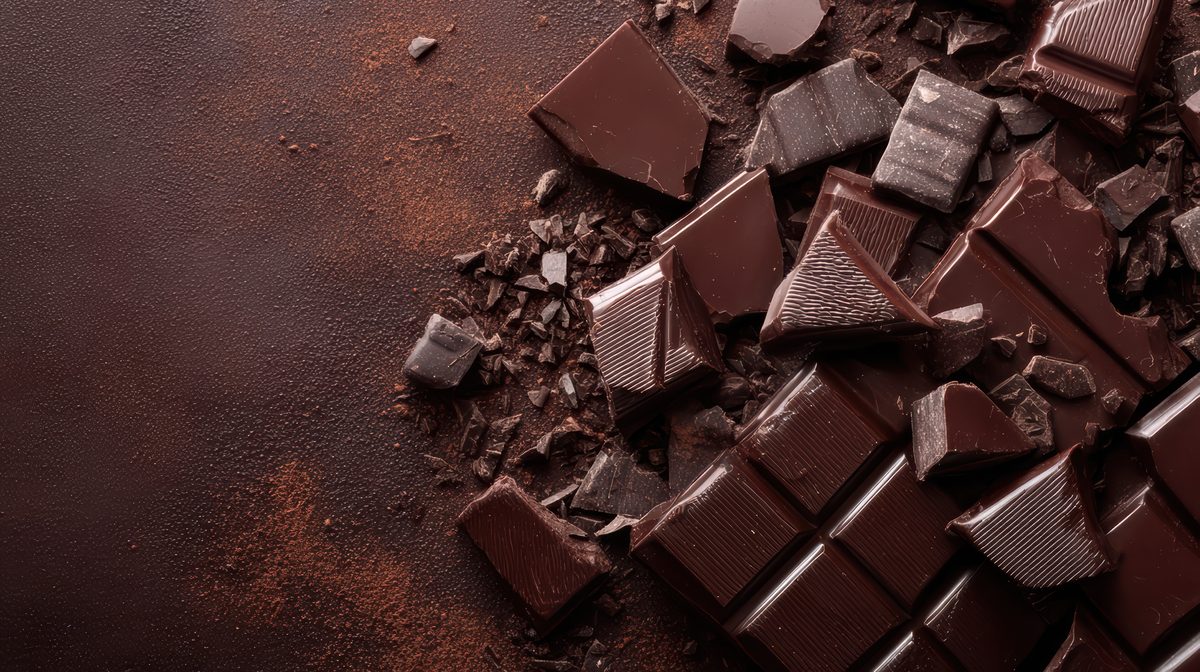 Morceaux de chocolat noir cassés et poudre de cacao