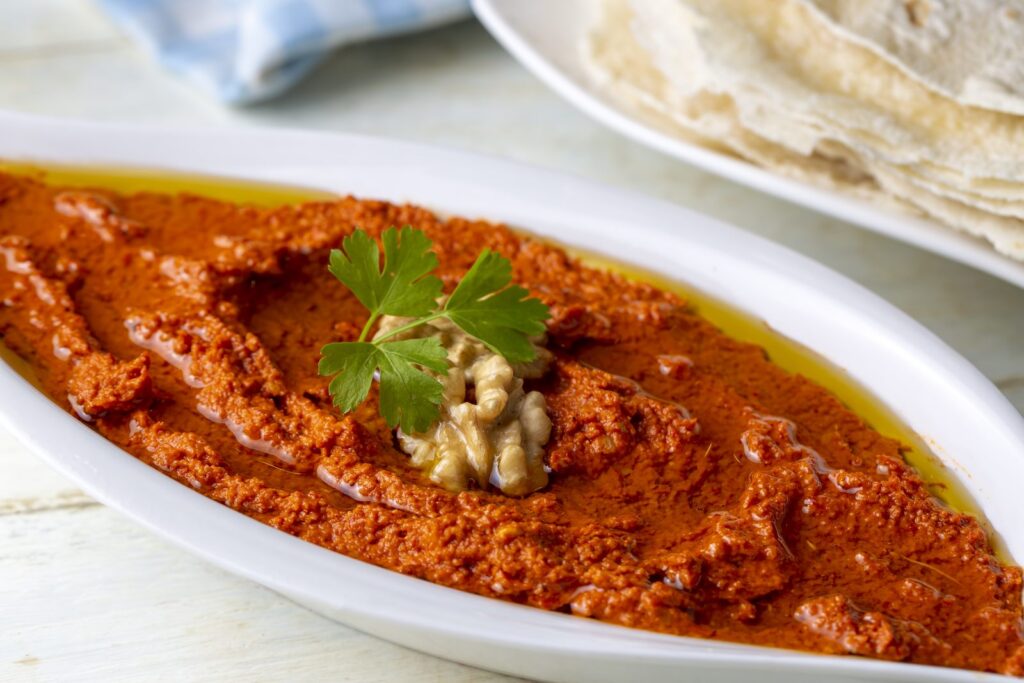 Muhammara, a roasted red pepper and walnut spread