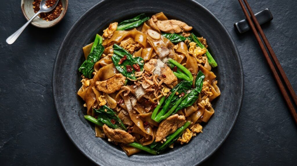 Pad see ew, wide stir-fried rice noodles with Chinese broccoli