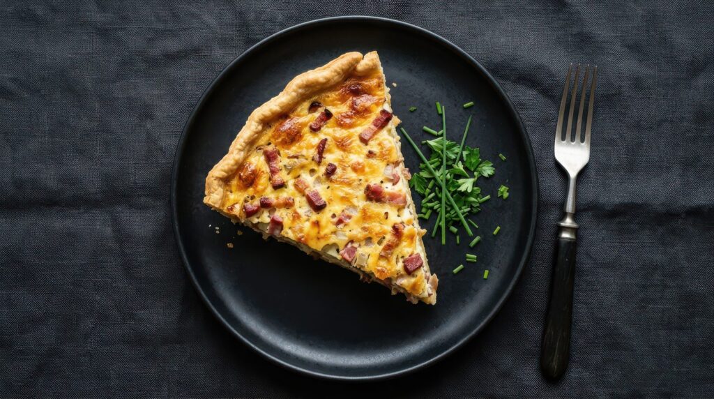 Slice of quiche Lorraine on a black plate