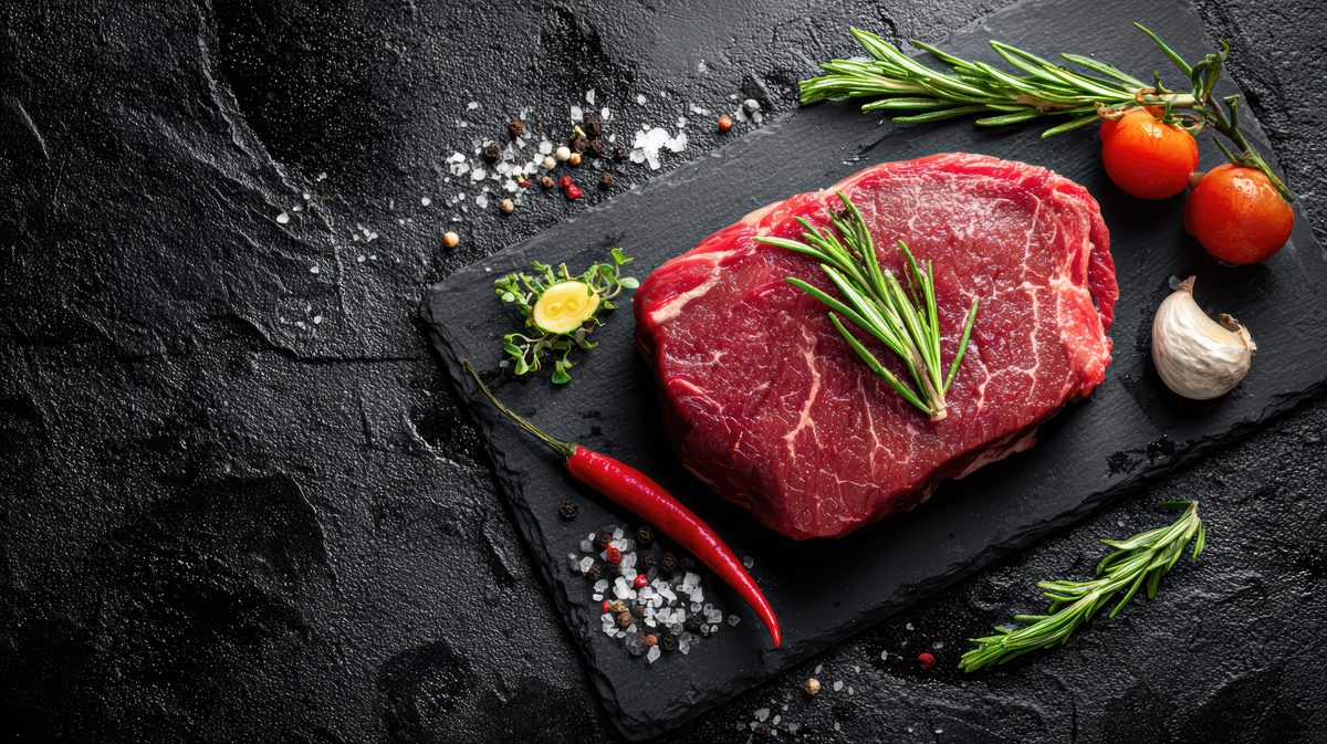 Pavé de bœuf cru aux herbes sur une pierre sombre
