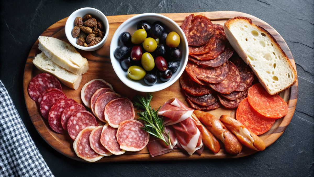 Board of dried charcuterie with olives, bread and rosemary