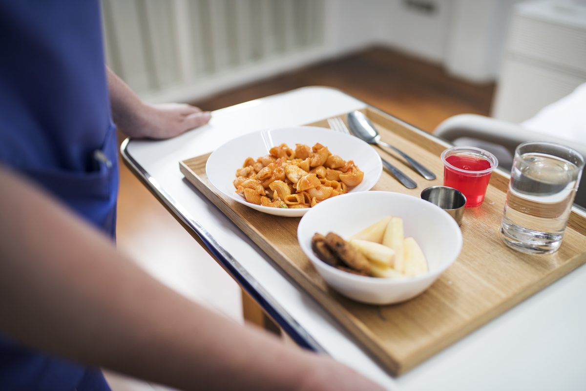 Meal tray served to a patient in a hospital room
