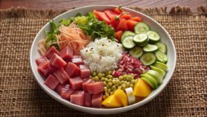 Poke bowl au thon, riz, concombre et avocat