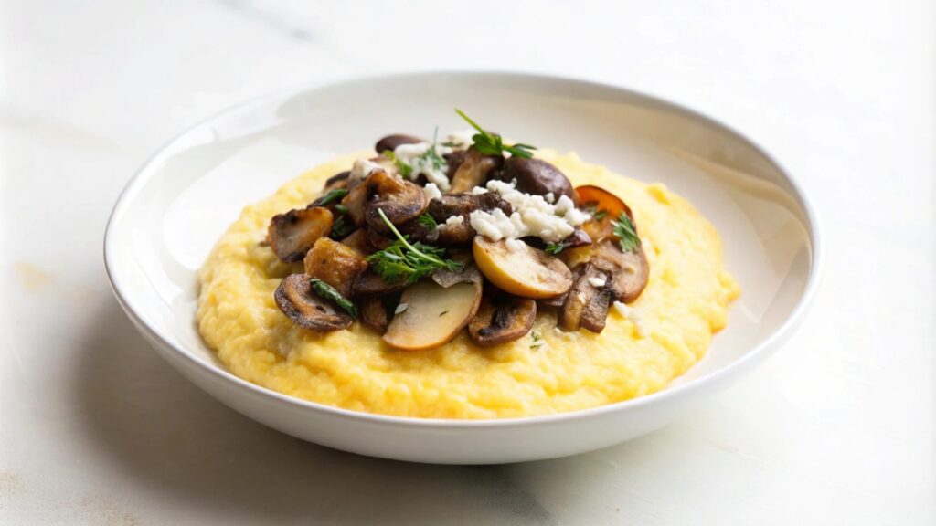 Creamy polenta with pan-fried mushrooms and fresh herbs