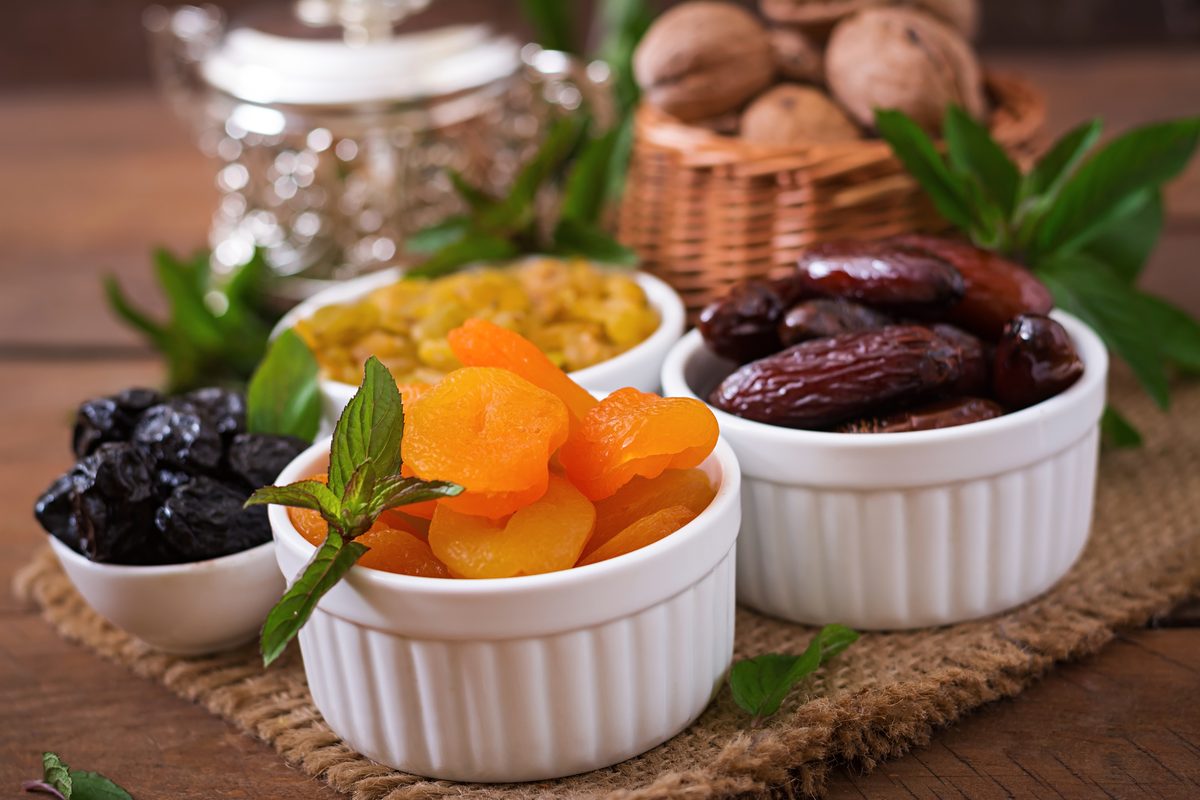 Ramekins of dates, prunes, dried apricots and raisins