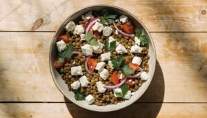 Salade de lentilles, feta et tomates