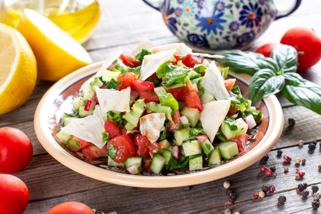 Lebanese fattoush salad with crudités and toasted pitta bread