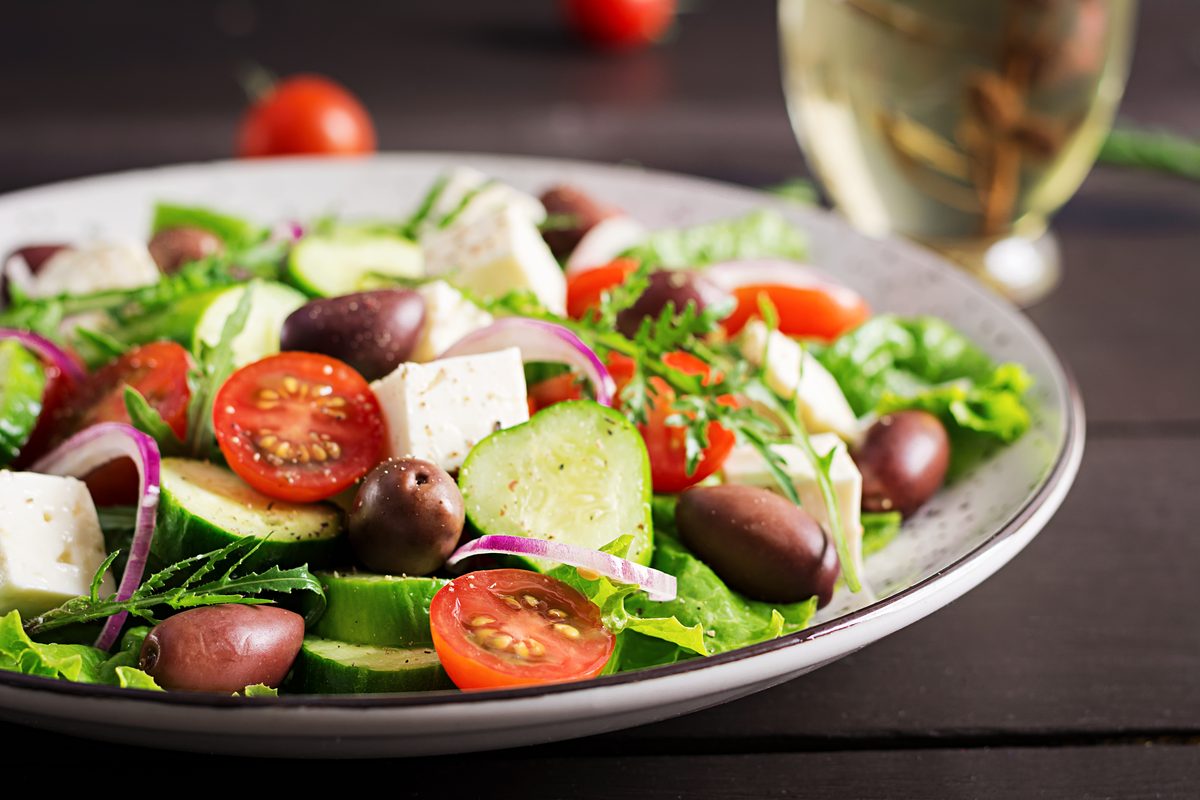 Greek salad with diced feta, Kalamata olives and cherry tomatoes