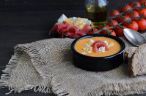 Andalusian salmorejo topped with serrano ham and hard-boiled egg