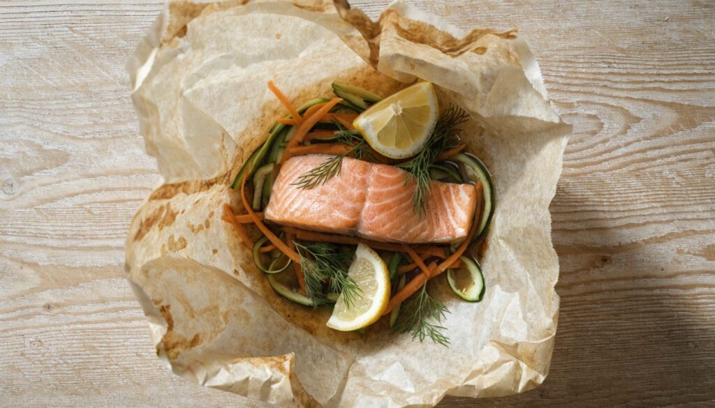 Salmon en papillote with small vegetables