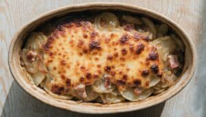 Tartiflette gratinée au reblochon dans un plat en grès