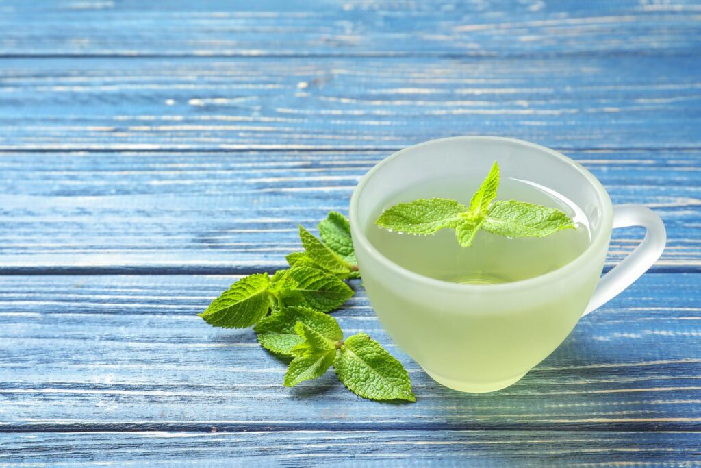 Cup of hot mint infusion and fresh leaves on a wooden table