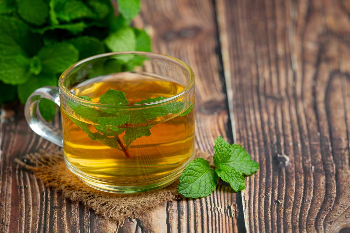 Peppermint tea in a glass, ready to drink