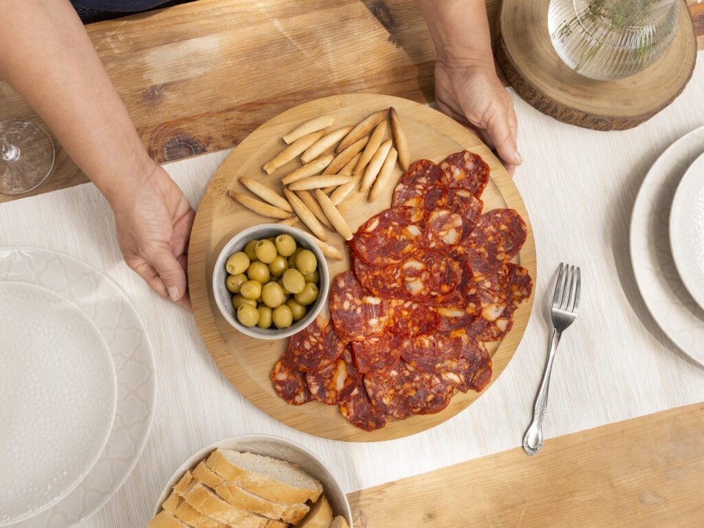 Slices of dry chorizo on a plate