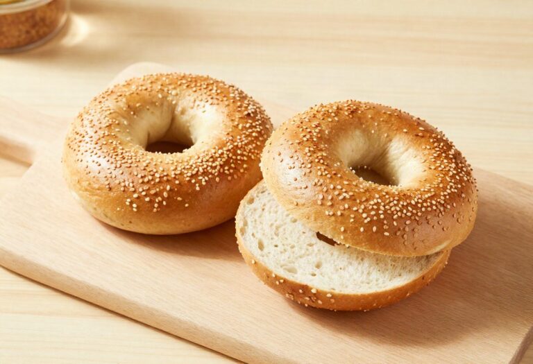 Sesame bagels, one cut open