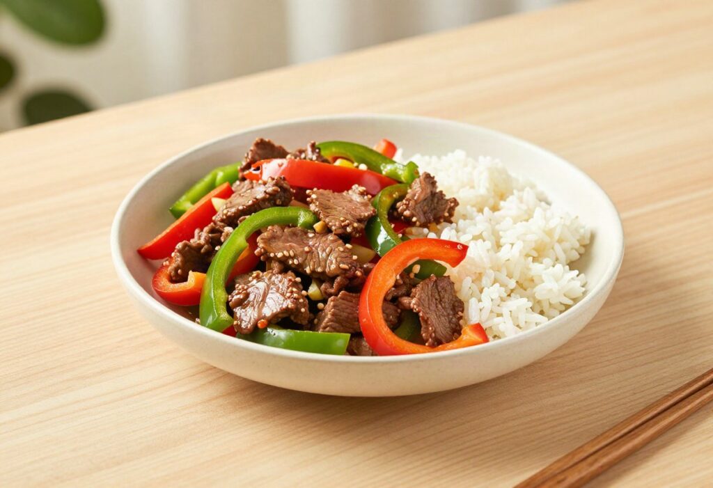 Stir-fried beef with peppers and rice