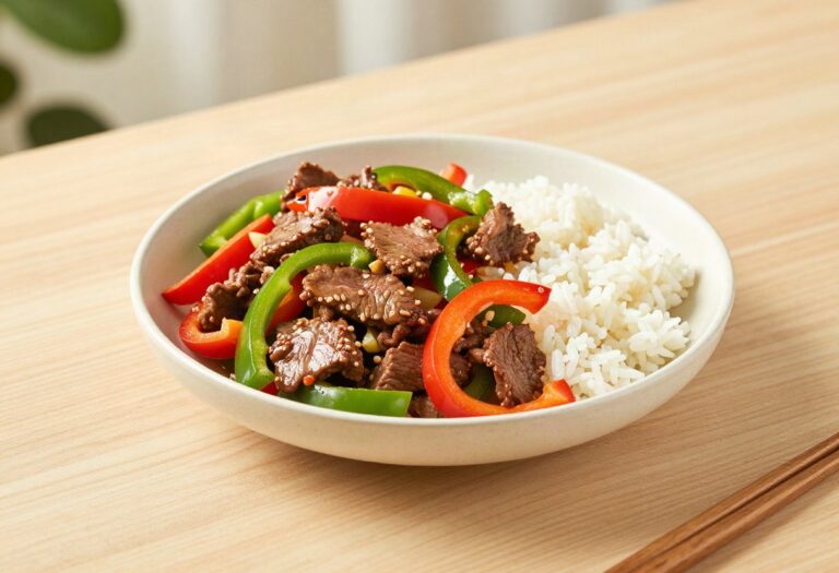 Bœuf sauté aux poivrons et riz